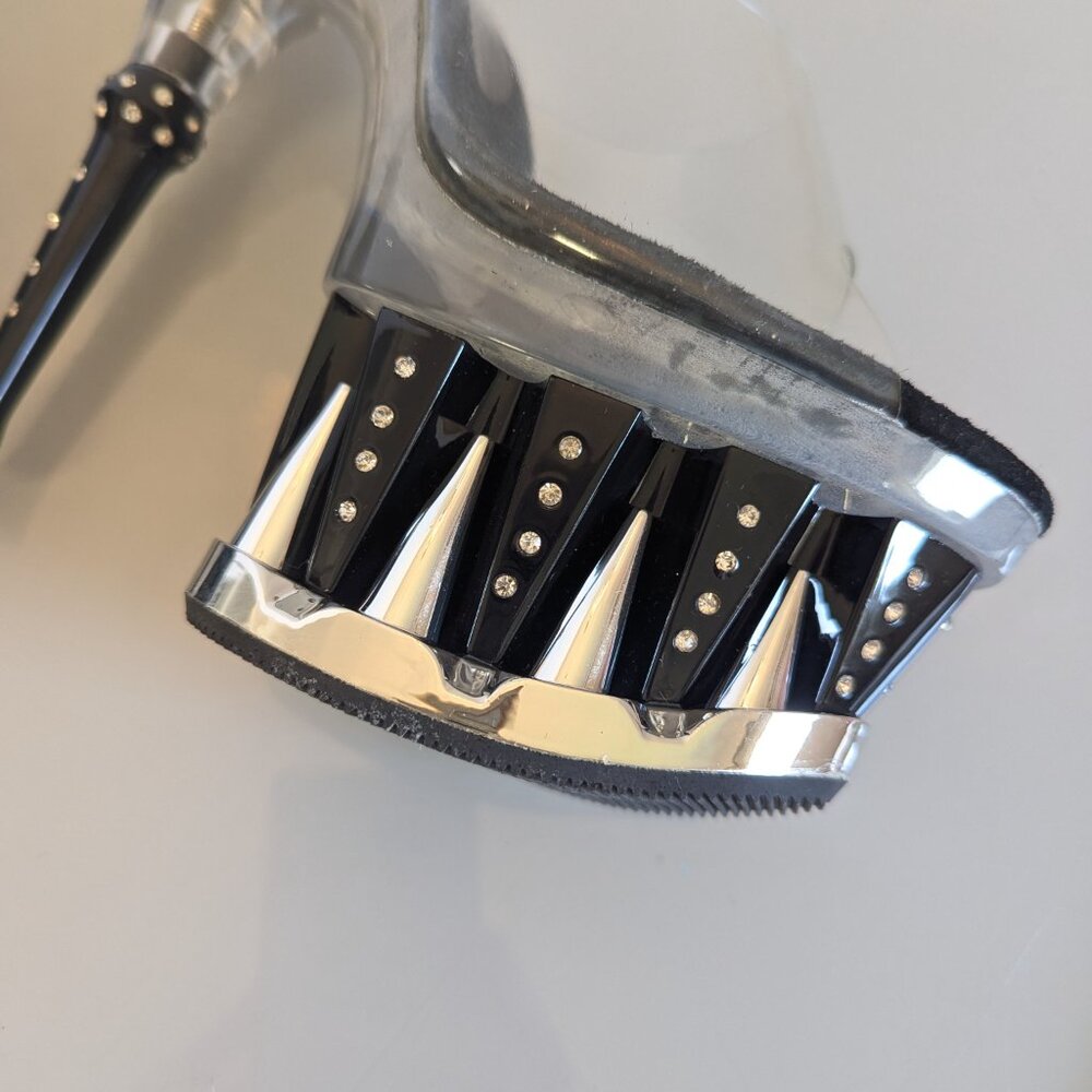Y2K Tabu Chrome Black Shark Platform Stiletto Stripper Heels Rhinestone Studs 8 - Picture 8 of 12
